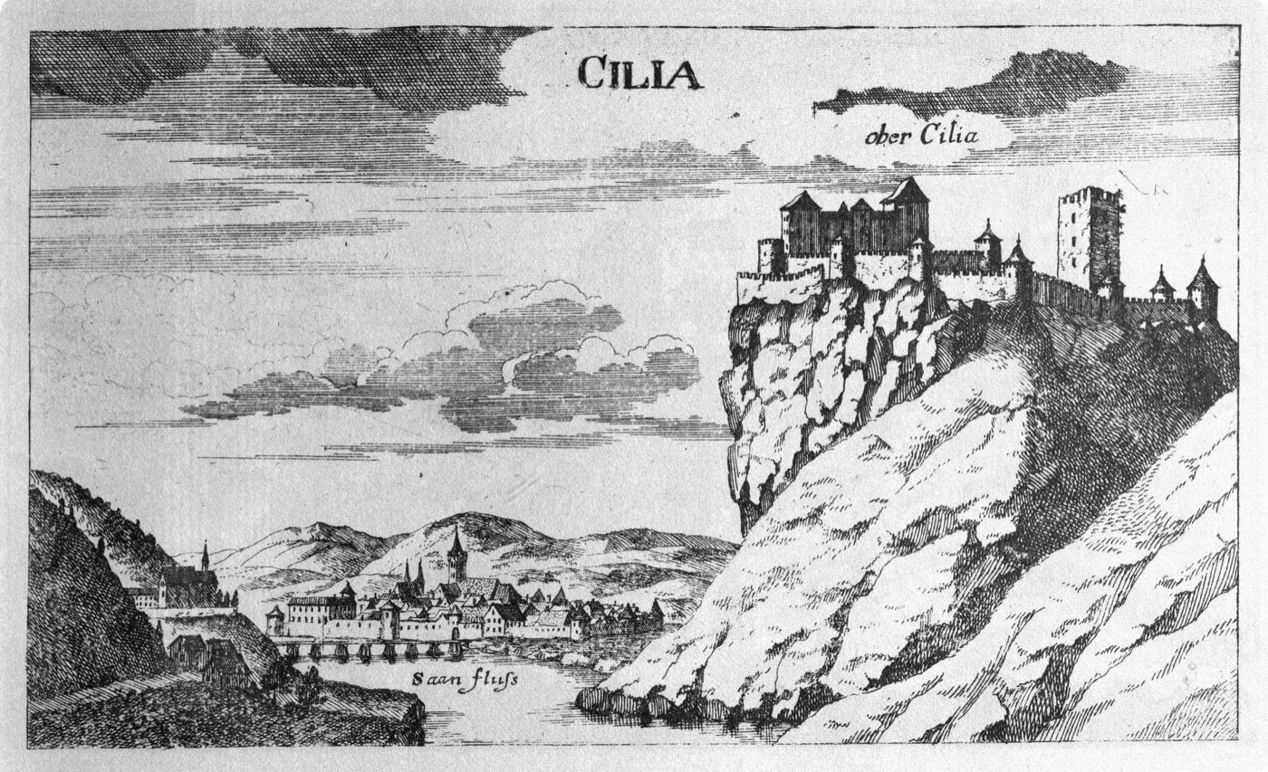 Bakrorez: obzidano mesto Celje ob reki z mostom in velik grad na strmi skali nad njim.